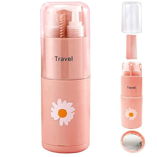 Compact pink travel toiletry and hair grooming set with brush, comb and mirror for handbag travel